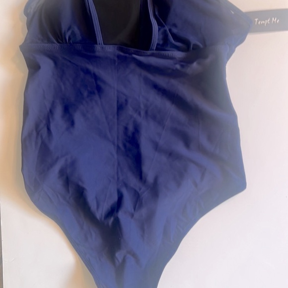 NWT Tempt Me navy blue high neck plunge mesh ruched swimsuit, size medium - Picture 7 of 9